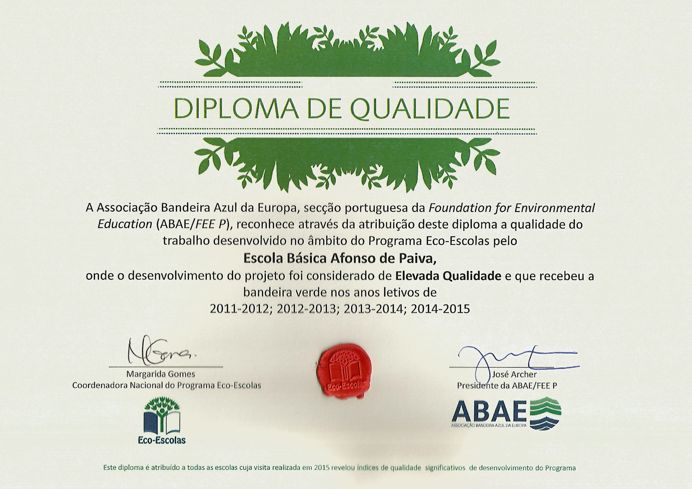Castelo Branco: EB Afonso de Paiva distinguida com diploma de Qualidade Eco-Escolas
