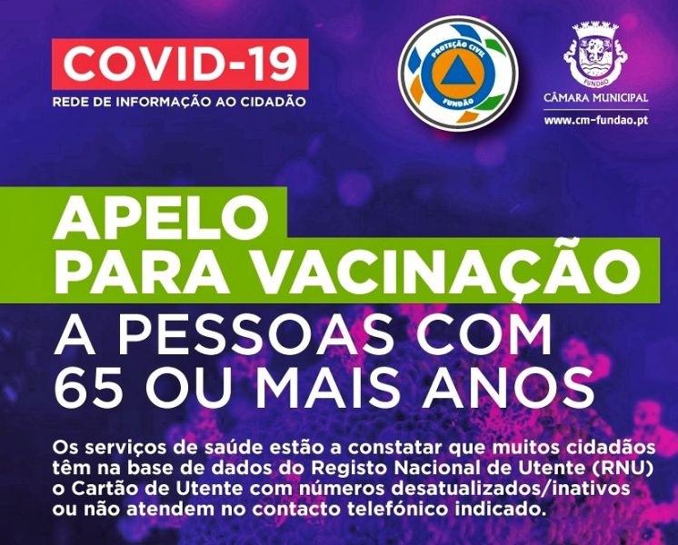 Covid-19/Fundão: Pessoas com 65 anos ou mais alertadas para toma da vacina